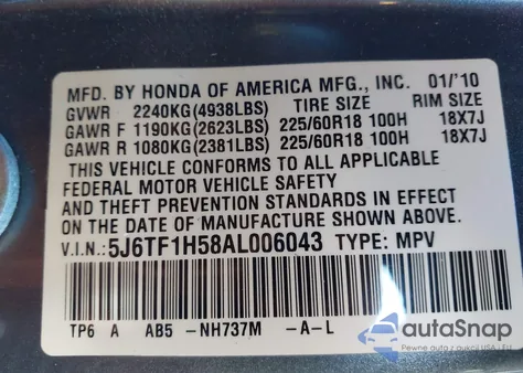 2010 Honda Accord Crosstour Ex-L from USA, damaged, VIN 5J6TF1H58AL006043